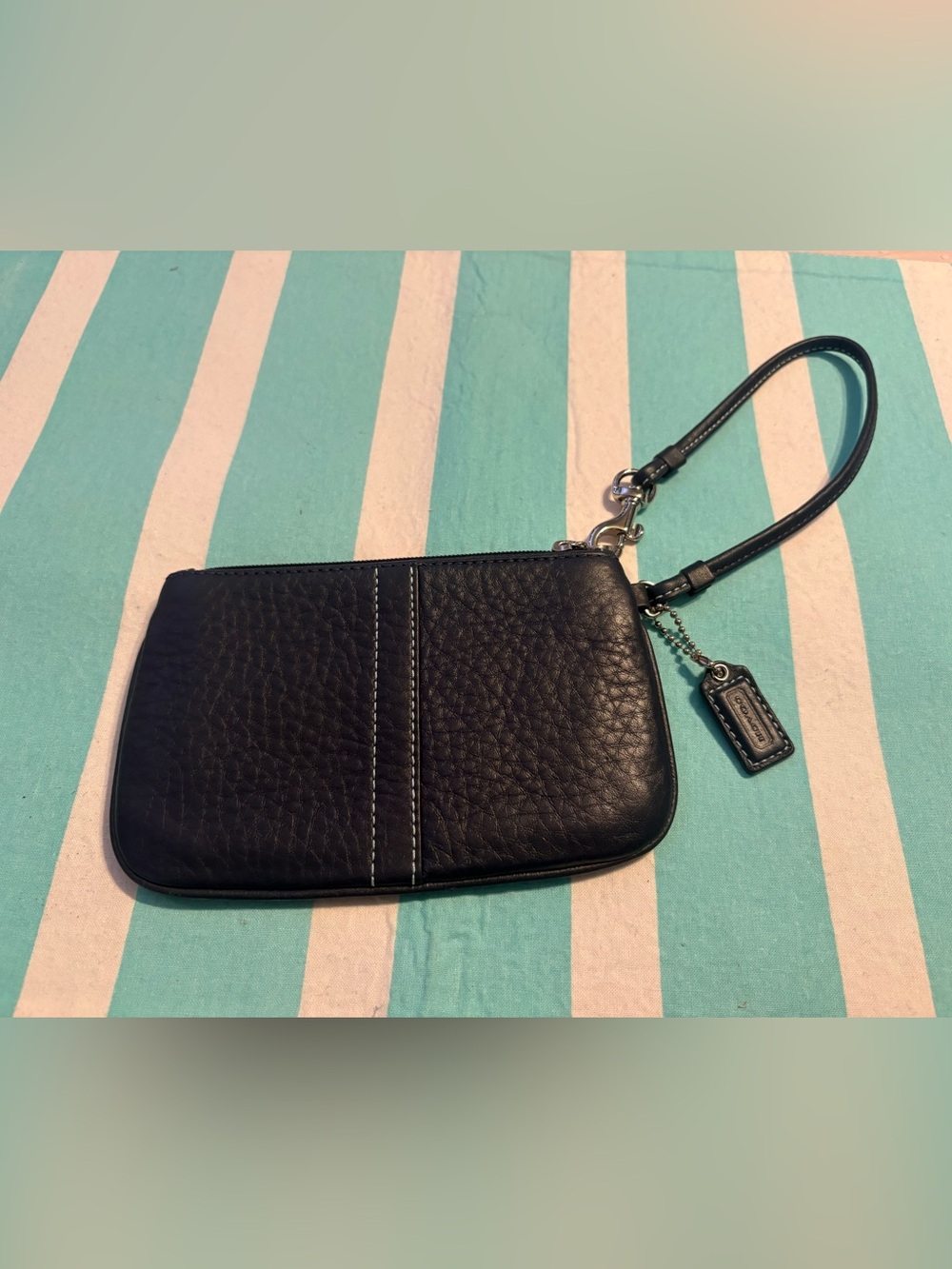 Coach Navy Blue Pebbled Leather Wristlet with Silver Hardware